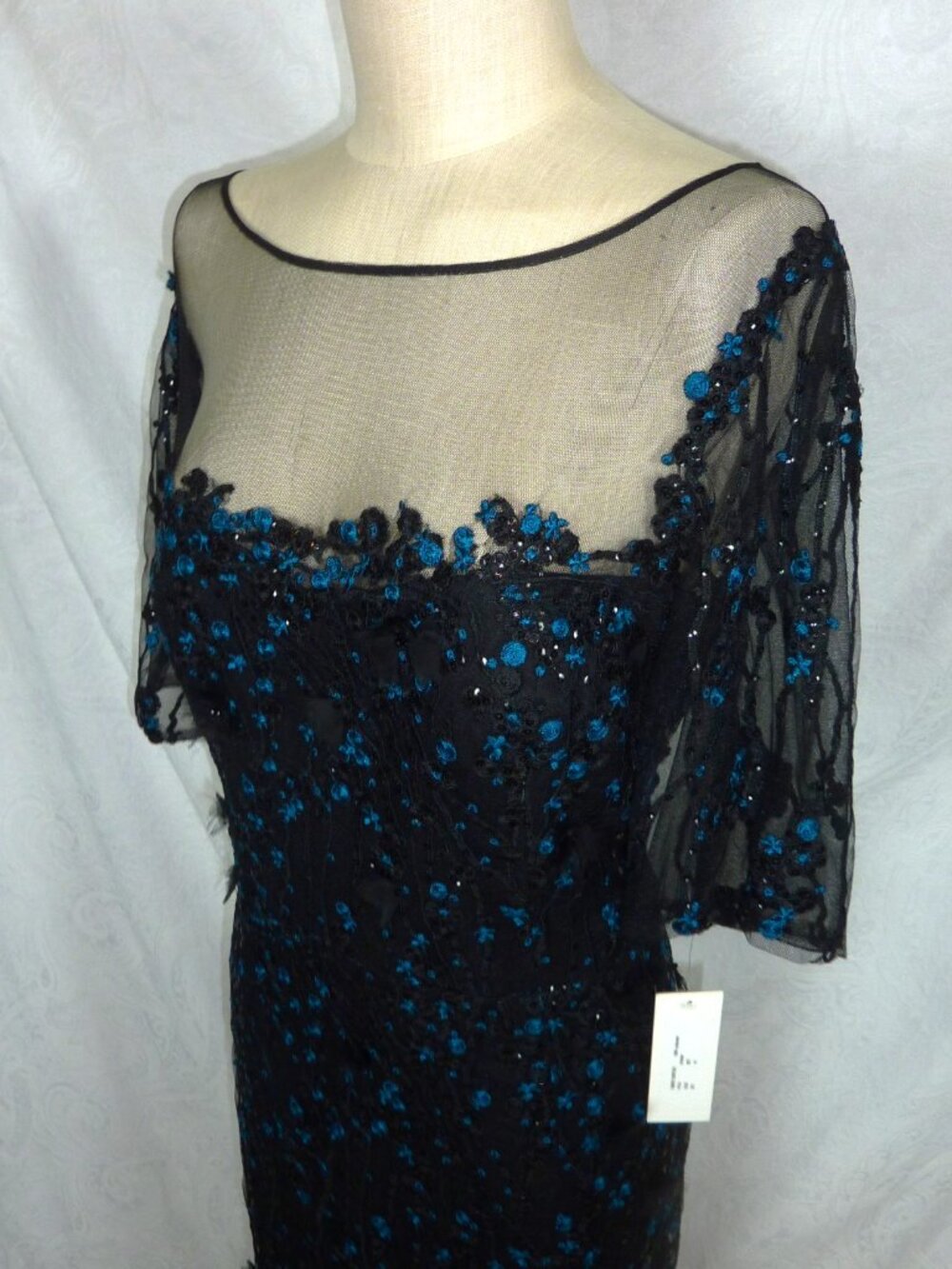 TERI JON 18 Beautiful BLACK TEAL ILLUSION 3D FLORAL GOWN Long Maxi Dress